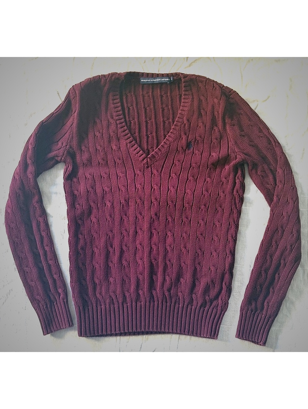 Preppy Polo Ralph Lauren Burgundy Cable Knit Cotton Sweater V-Neck Medium #fall
